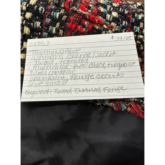 Truth and Pride Tweed Red Black Blazer Womens Sz Small Silver Metallic Textured - Picture 10 of 11